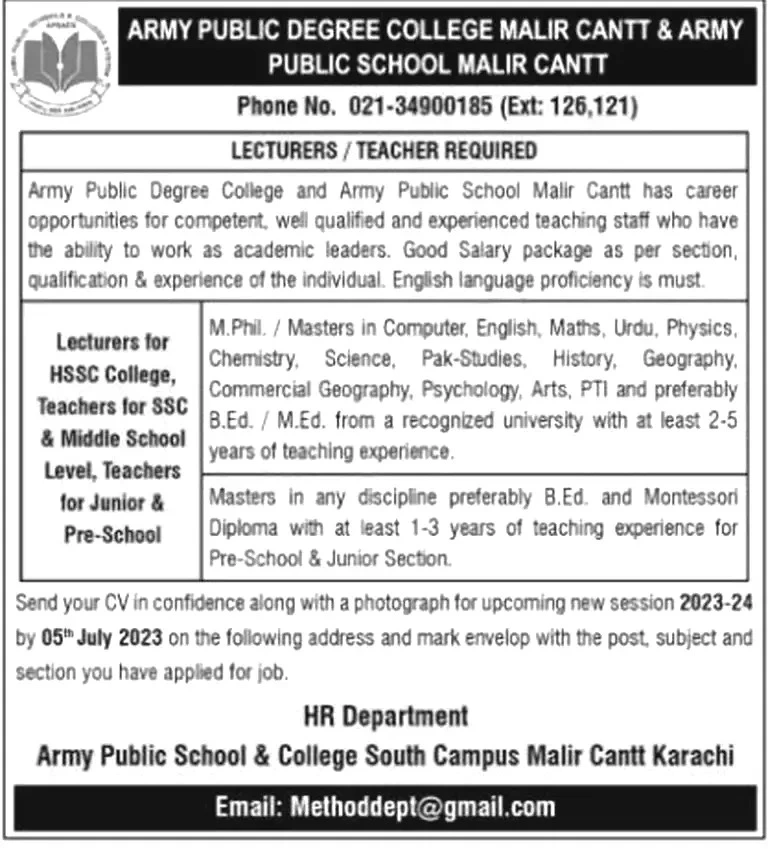 Army Public Degree College Jobs 2023