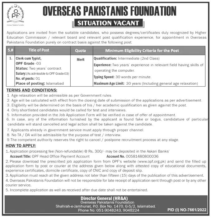 Overseas Pakistanis Foundation Jobs 2023