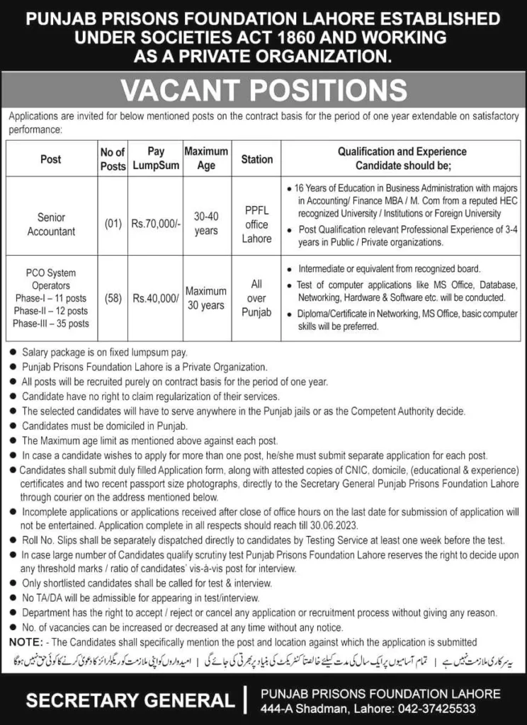 Punjab Prison Foundation Jobs 2023