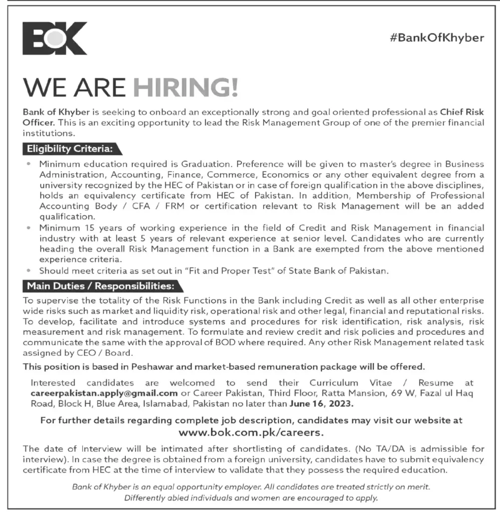 Bank of Khyber BOK Jobs 2023 Apply Online