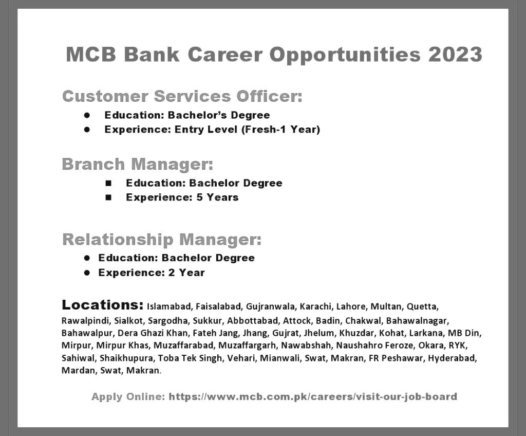 MCB Bank Jobs 2023