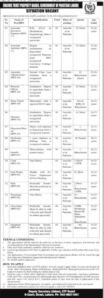 Evacuee Trust Property Board Jobs 2023