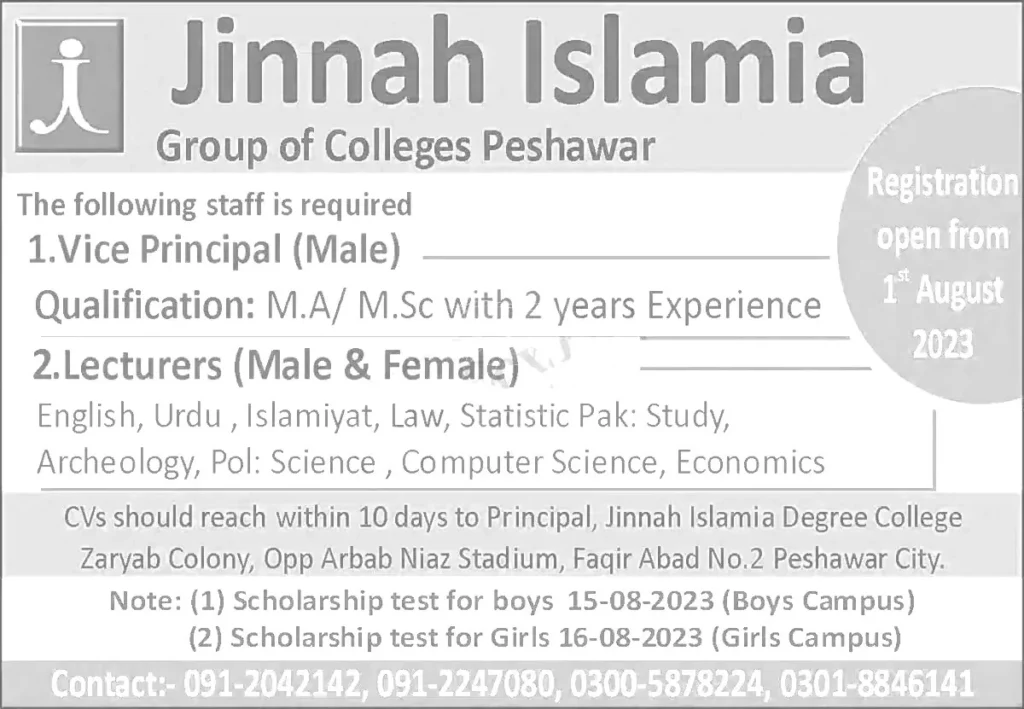 Jinnah Islamia Degree College Jobs 2023
